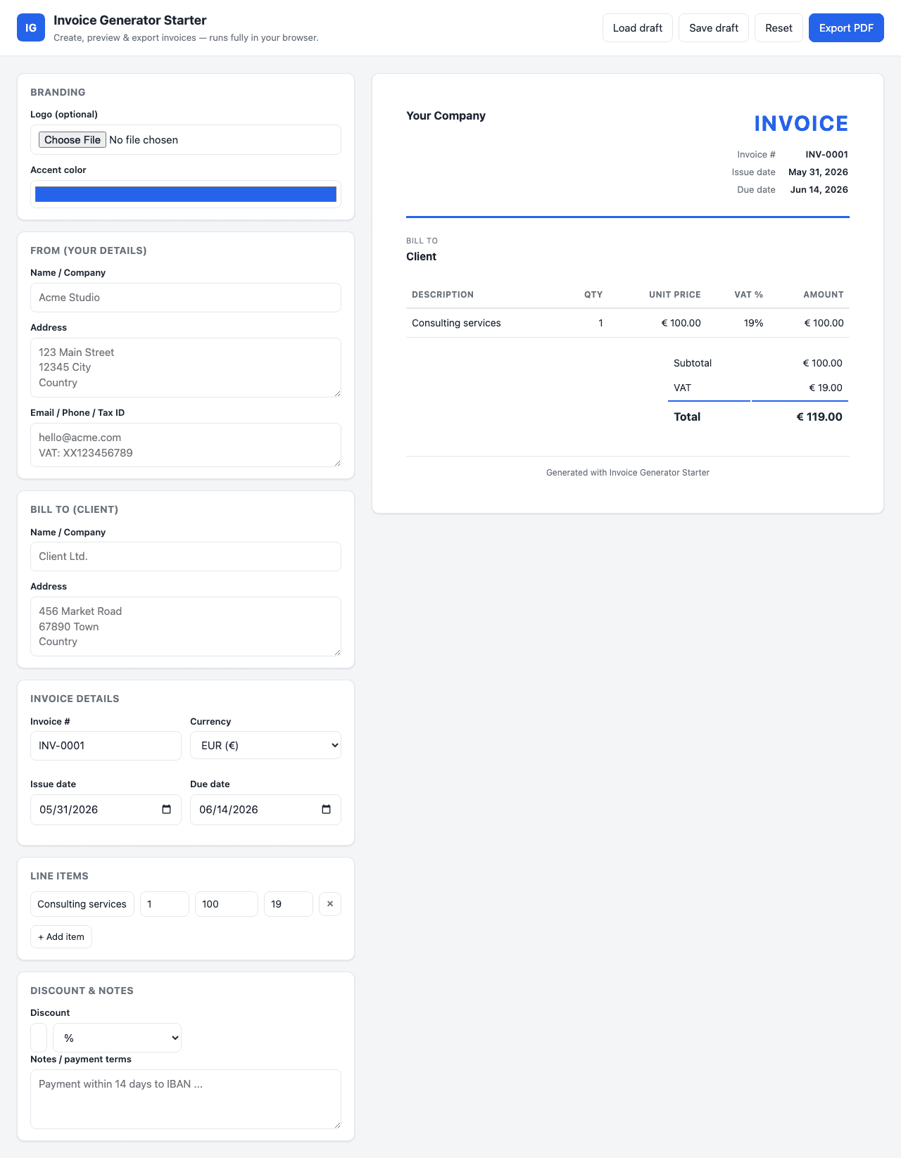 Invoice Generator Starter — branded PDF invoices in your browser, no backend